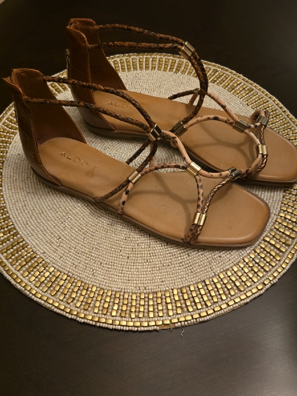 ALDO Brown Braided T-Strap Sandals with Gold Accents